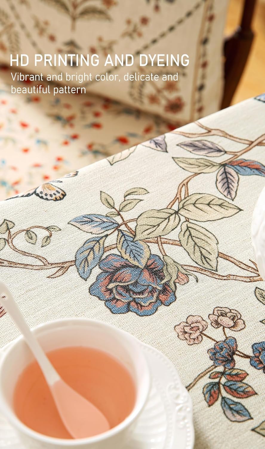 ISAENNE Designer French Light Beige Tablecloth Rectangular,Linen Florals and Birds Pattern Table Cloth,Anti-Wrinkle Decorative Tablecloths for Dining Thanksgiving Kitchen,55"*87"-Cornucopia
