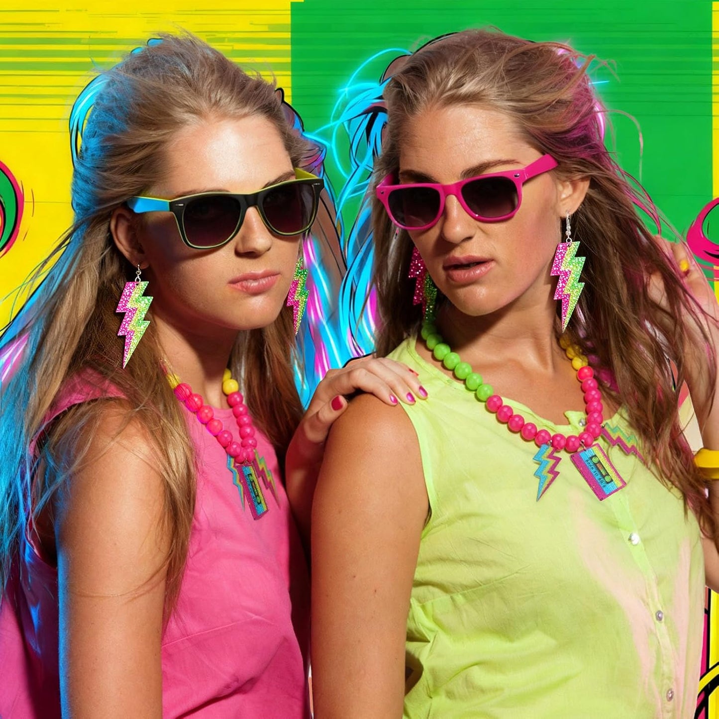 80s Outfits Costume Accessories for Women 80s Necklace Neon Beaded Necklaces for Glow Party Beads Necklaces with Lightning Earrings Tape Neon Jewelry Set for Women 80's Party Favors Decorations