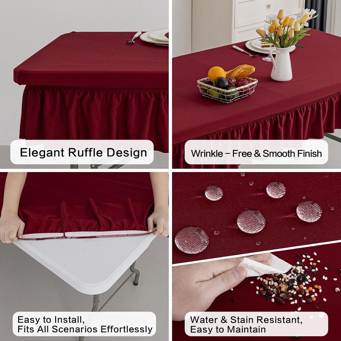 8ft Wine Red Stretch Tablecloth for Rectangular Tables - Flared Wrap Design, Waterproof, Wrinkle-Resistant, Washable - Ideal for Weddings, Parties, Banquets & Table Protection