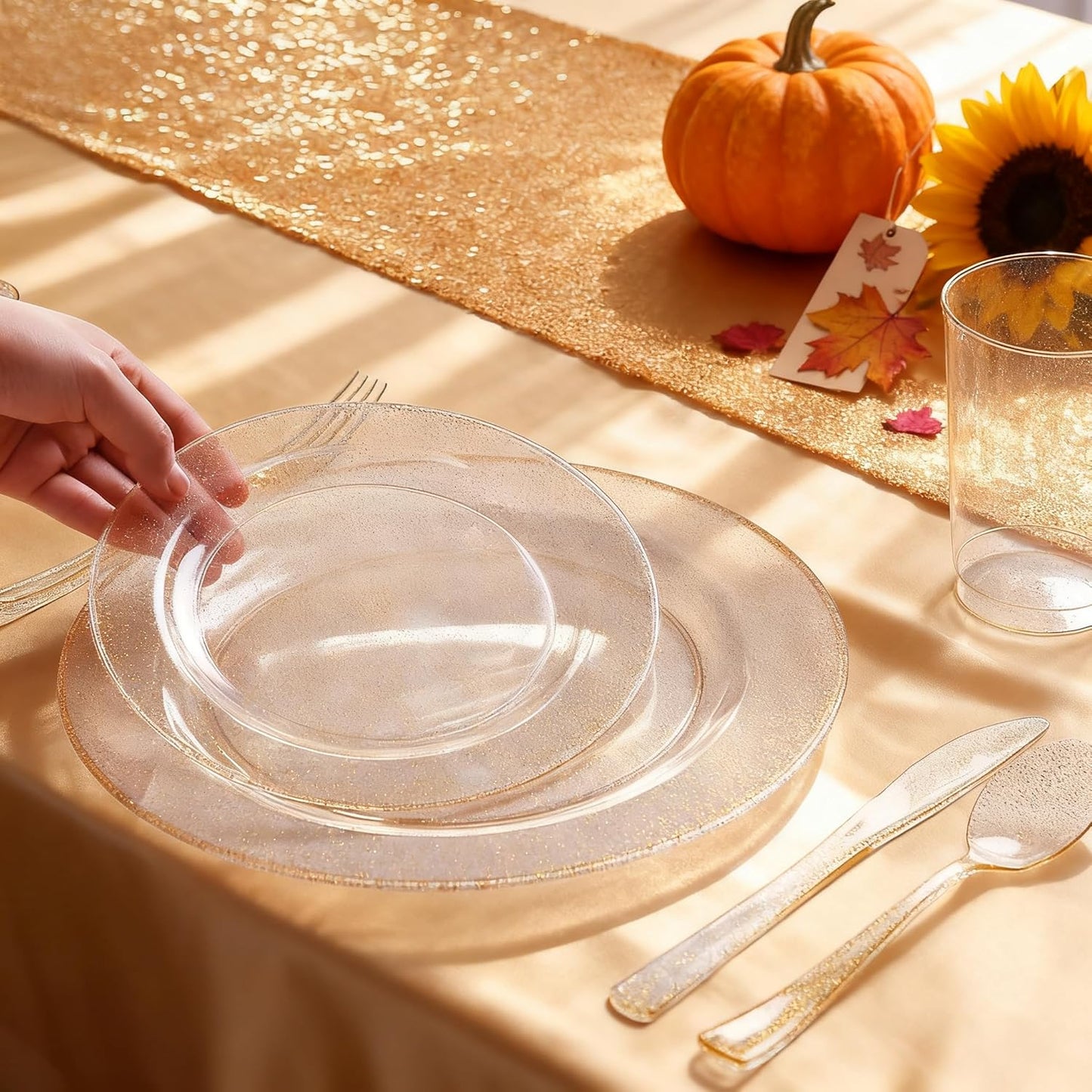 WDF 120PCS Gold Plastic Plates- Disposable Gold Glitter Plates, Premium Heavy Duty 60-10.25" Dinner Plate and 60-7.5" Salad Plate for Thanksgiving Parties &Wedding