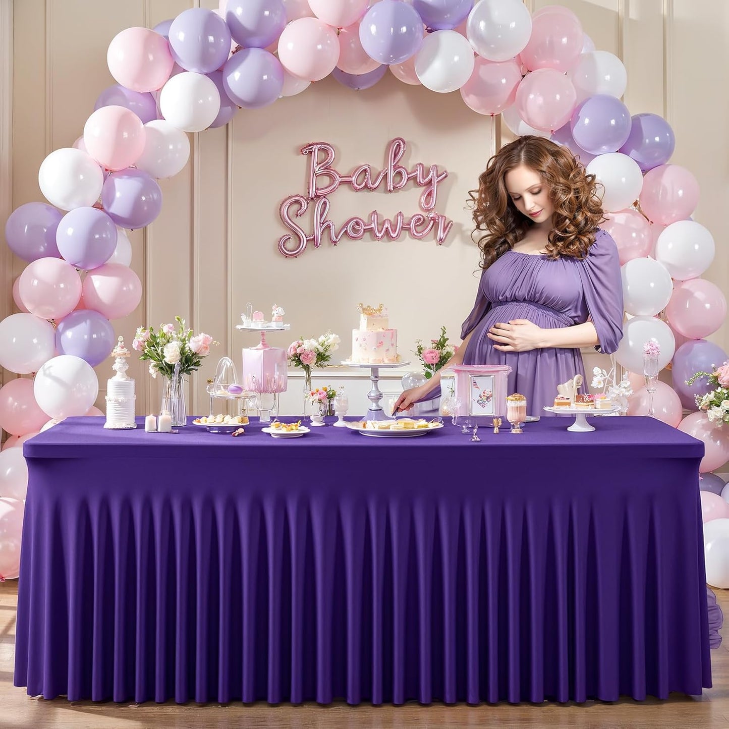 2 Packs Purple Table Clothes for 4 Foot Rectangle Tables, One-Piece Wrinkle Resistant Stretch Spandex Table Covers with Skirt for Event Banquet Wedding Birthday Party