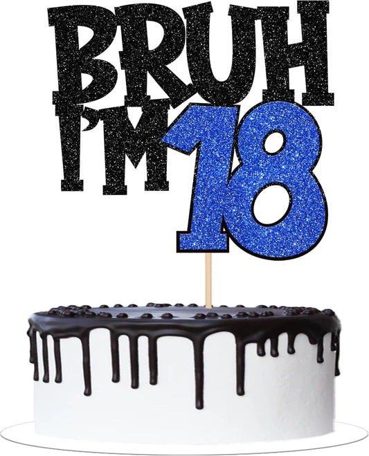 1 PCS Bruh I'm 18 Cake Topper Glitter Happy 18th Birthday Cake Pick Bro I'm 18 Cake Decoration It's My 18th Birthday Decorations for Cheers to 18 Years Old Birthday Anniversary Party Supplies Blue