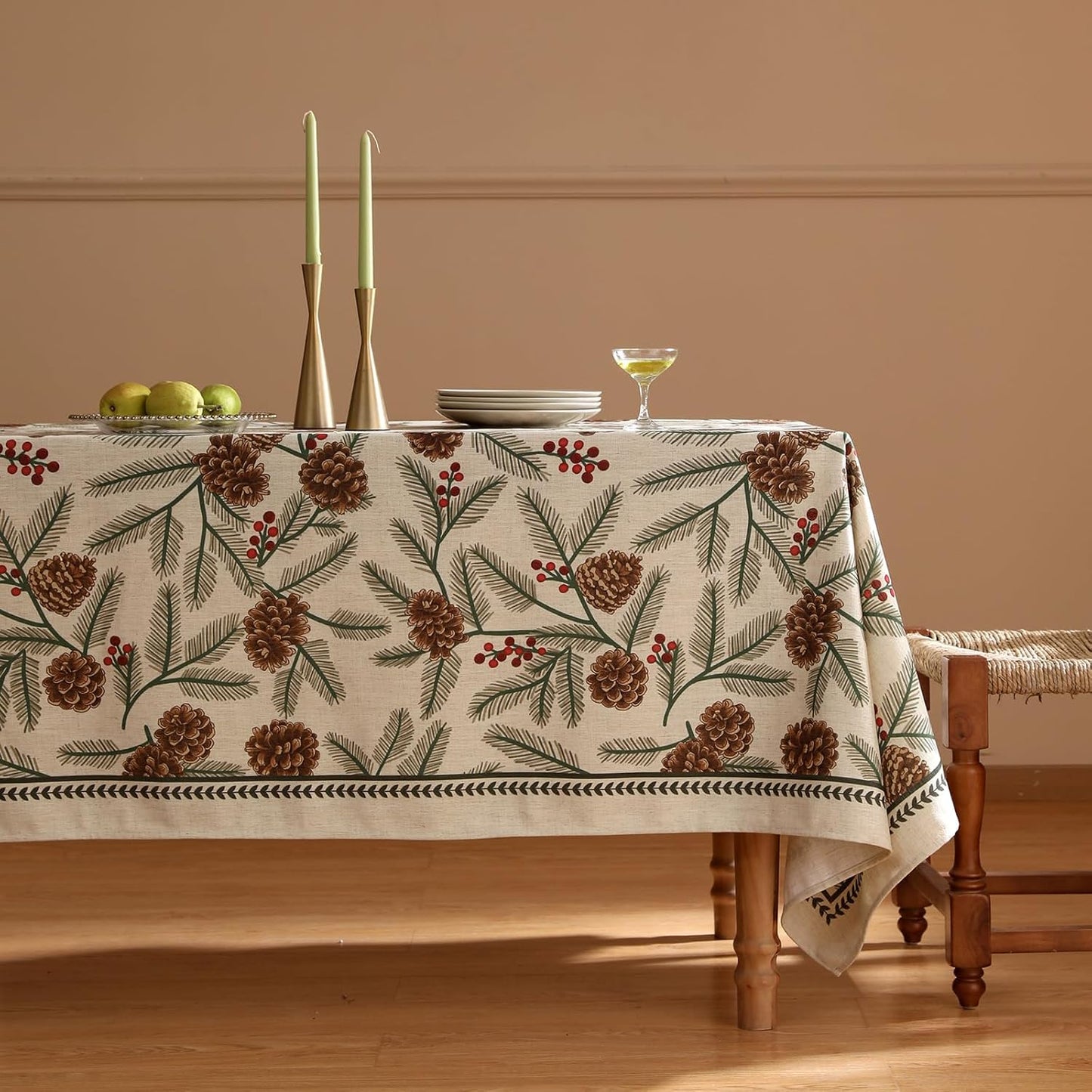 ISAENNE Designer Christmas Beige Linen Small Rectangular Tablecloth,Pinecones Pattern Indoor Tablecloths,Washable Decor Table Cloth for Dining Thanksgiving Kitchen Christmas,55"*71"-Carol B