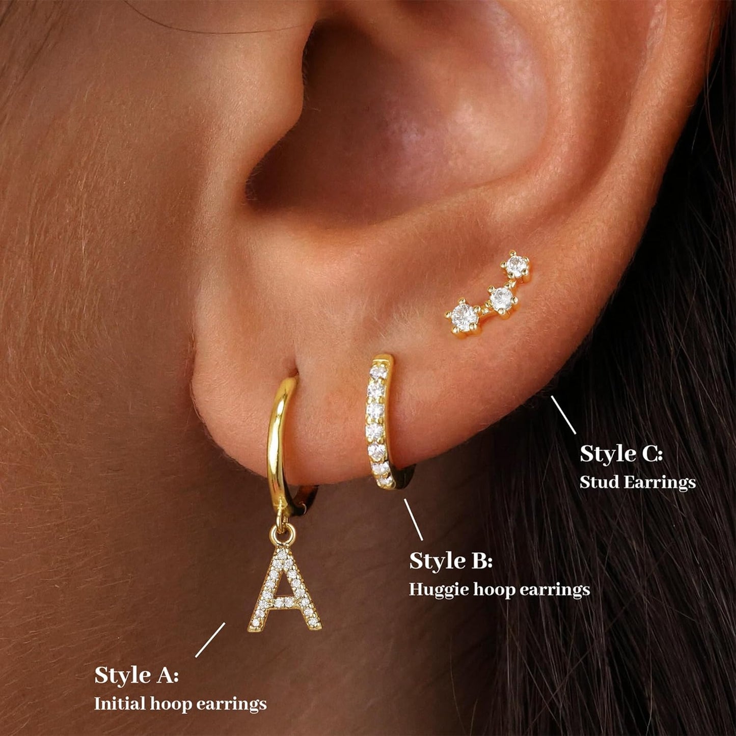 Gold Earrings for Women Girls - 3 Pairs Gold Huggie Hoop Earrings for Girls with Initial Dangle Cartilage Earrings Studs Hypoallergenic Earring Set for Multiple Piercing Gifts for Women Girl