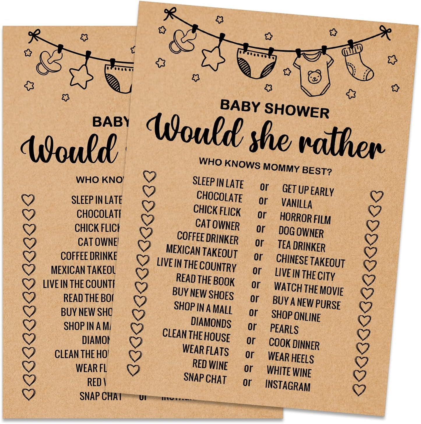 Baby Shower Game Cards, Would She Rather Baby Shower Games Ideas, Set of 30 Cards, Rustic Bridal Wedding Showers or Bachelorette Party Game, Kraft