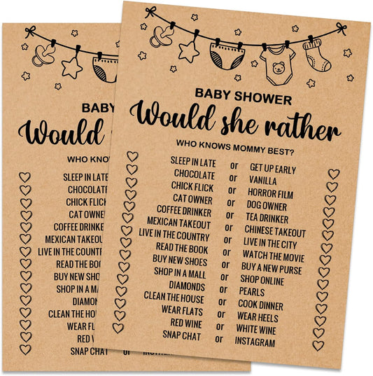 Baby Shower Game Cards, Would She Rather Baby Shower Games Ideas, Set of 30 Cards, Rustic Bridal Wedding Showers or Bachelorette Party Game, Kraft