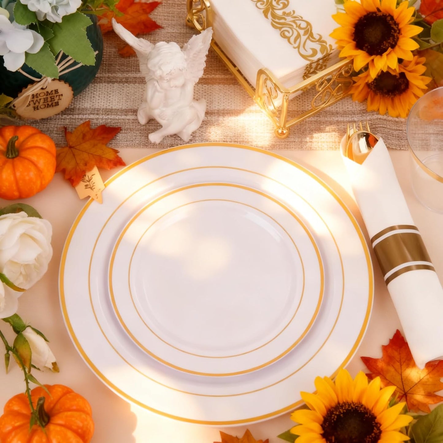 350Piece Gold Dinnerware Set for 50 Guests - Gold Plastic Plates with Disposable Cutlery Include:50Dinner Plates-50Dessert Plates-50Pre Rolled Napkins with Silverware for Thanksgiving