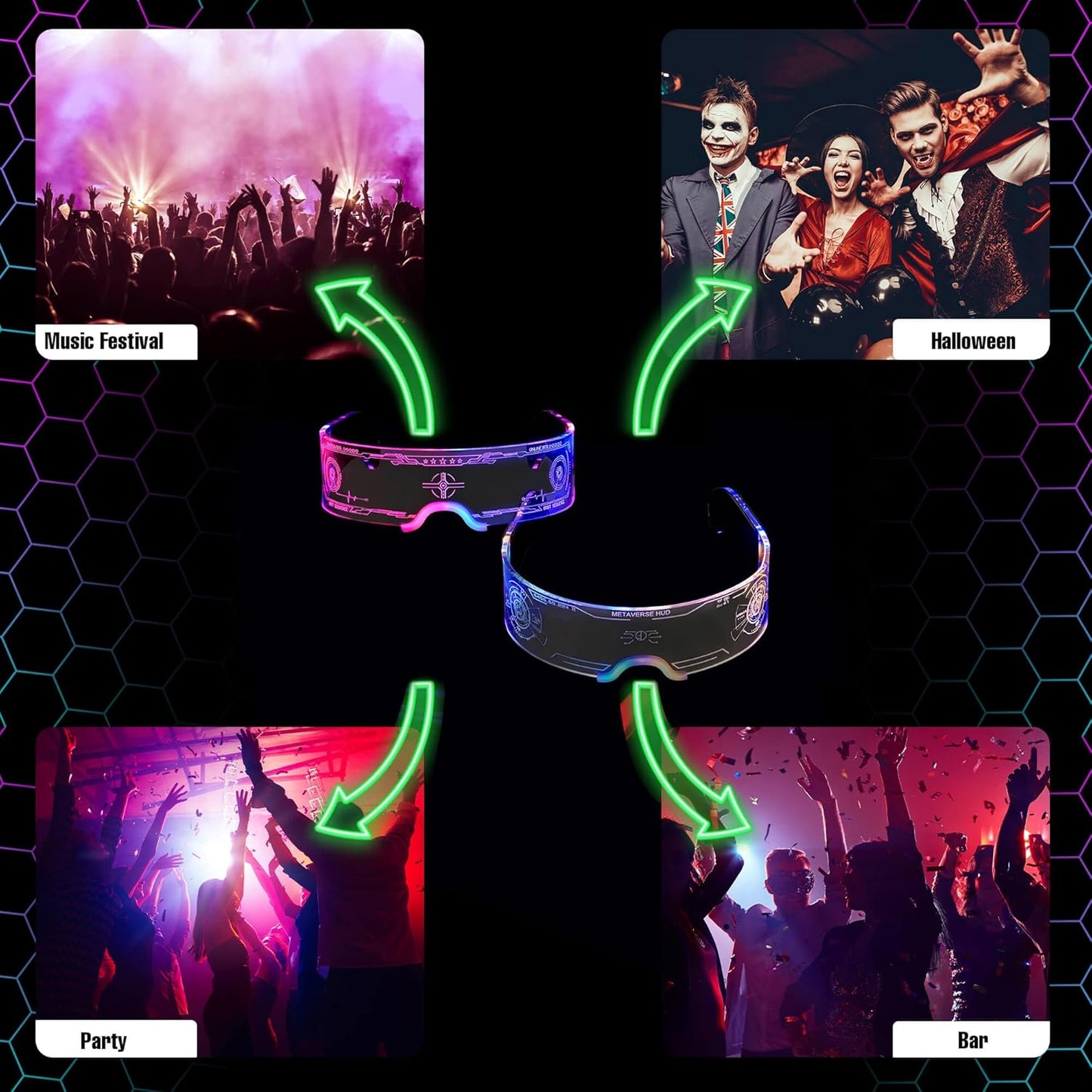 2 pack Light Up Glasses For Party LED Glass For Adults Kids Futuristic Sunglasses 7 Color Neon Glasses Glowing In Dark Accessories,Gifts(Elegant Style)