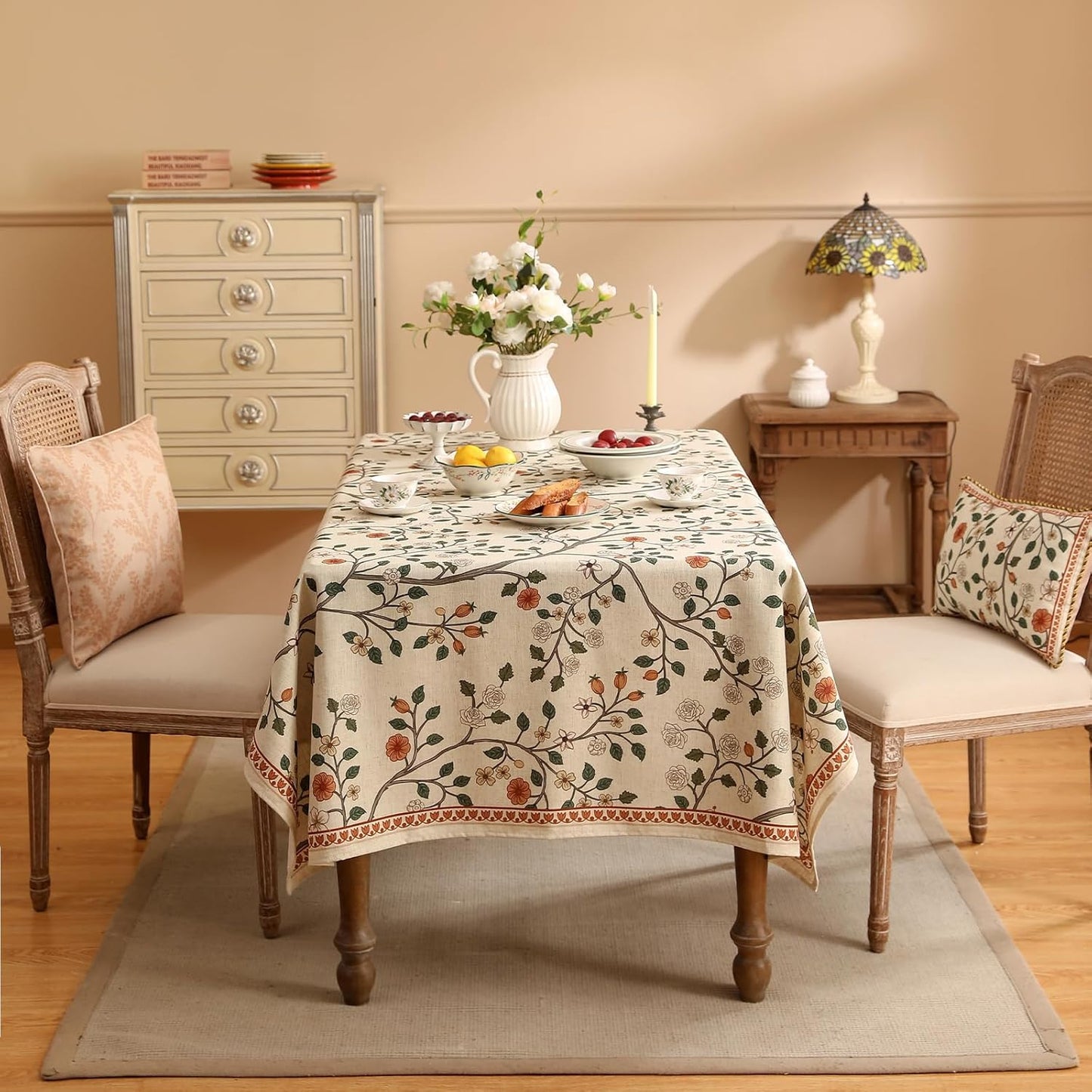 ISAENNE Designer Floral Table Cloth for Rectangle Table,French Linen Light Beige Indoor Tablecloth,Fall Wrinkle Resistant Decor Tablecloths for Dining Thanksgiving Kitchen,55"*79"-Flora A