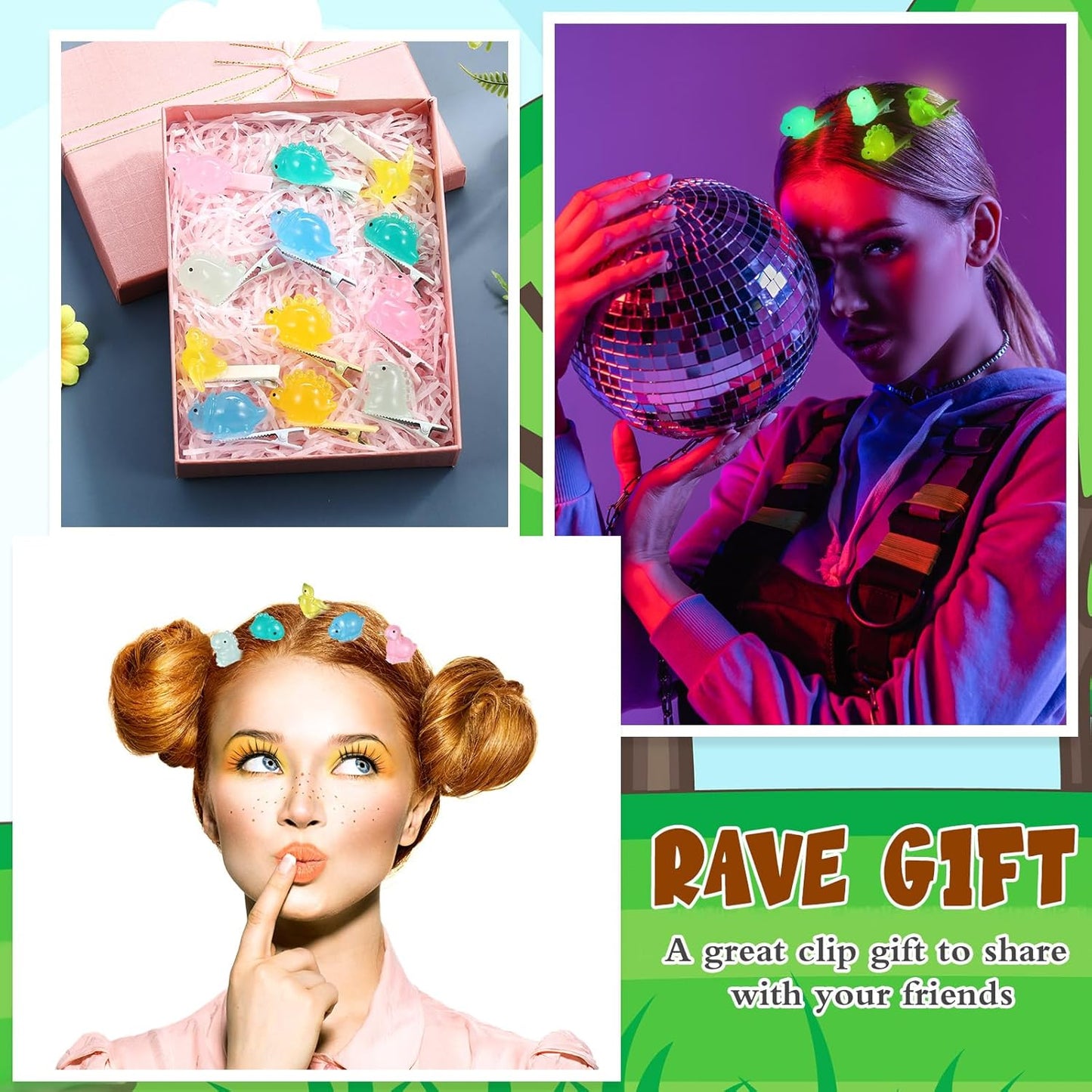 30 Pcs Mini Glow Hair Clips Girls Rave Hair Clips for Women Christmas Music Festival Holiday Party Supplies (Dinosaur)