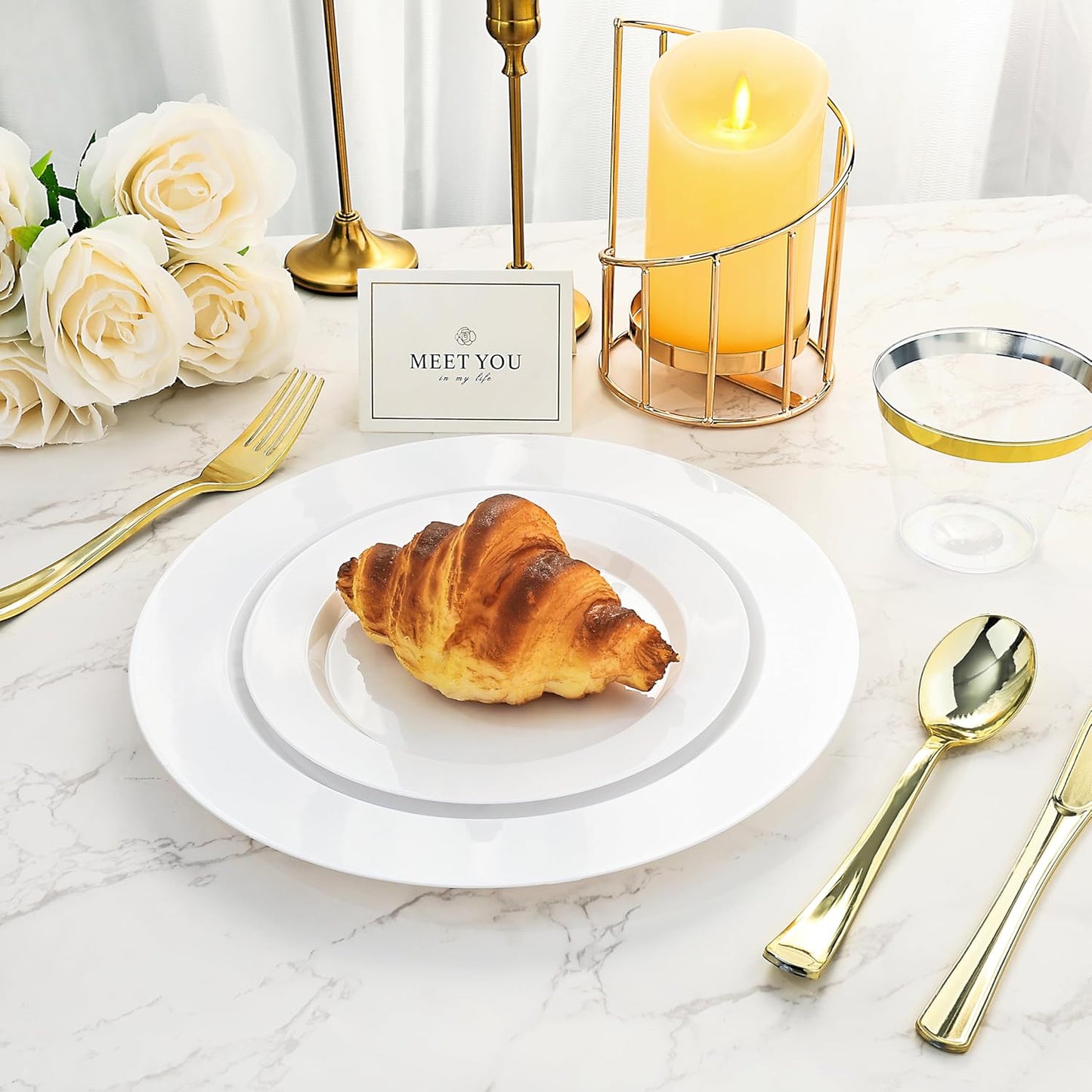 BESTVIP 100PCS 7 Inch White Plastic Dessert Plates, Disposable Plate for Appetizers, Small Cakes, Small Heavy Duty Disposable Plastic Plates for Parties, Wedding, Christmas, Thanksgiving and Birthday