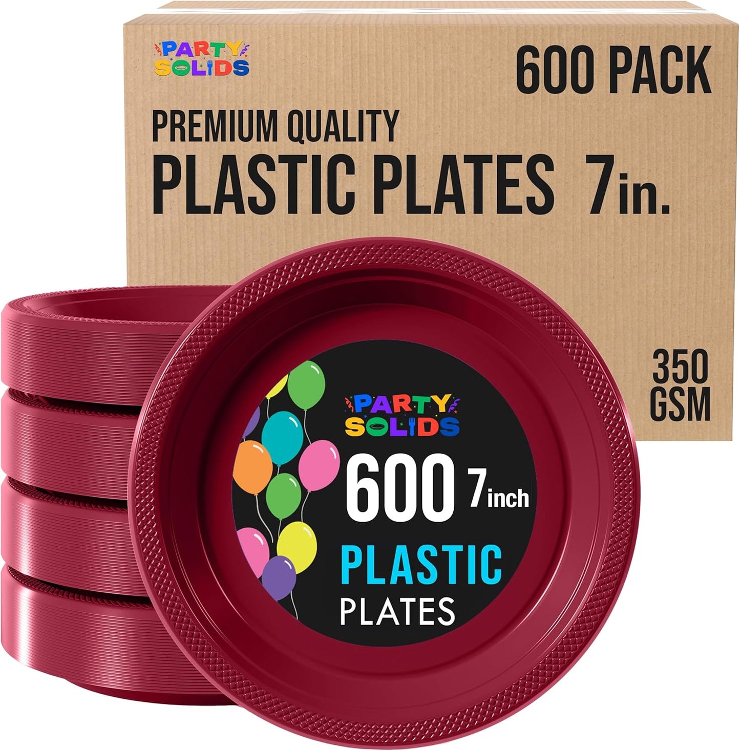 Party Solids Burgundy Plastic Plates Bulk 7" Burgundy Disposable Plates For Party Supplies 600 Pieces Disposable Dinner Plate Heavy Duty 350 GSM Plate Sets, Plastic Dinnerware Sets
