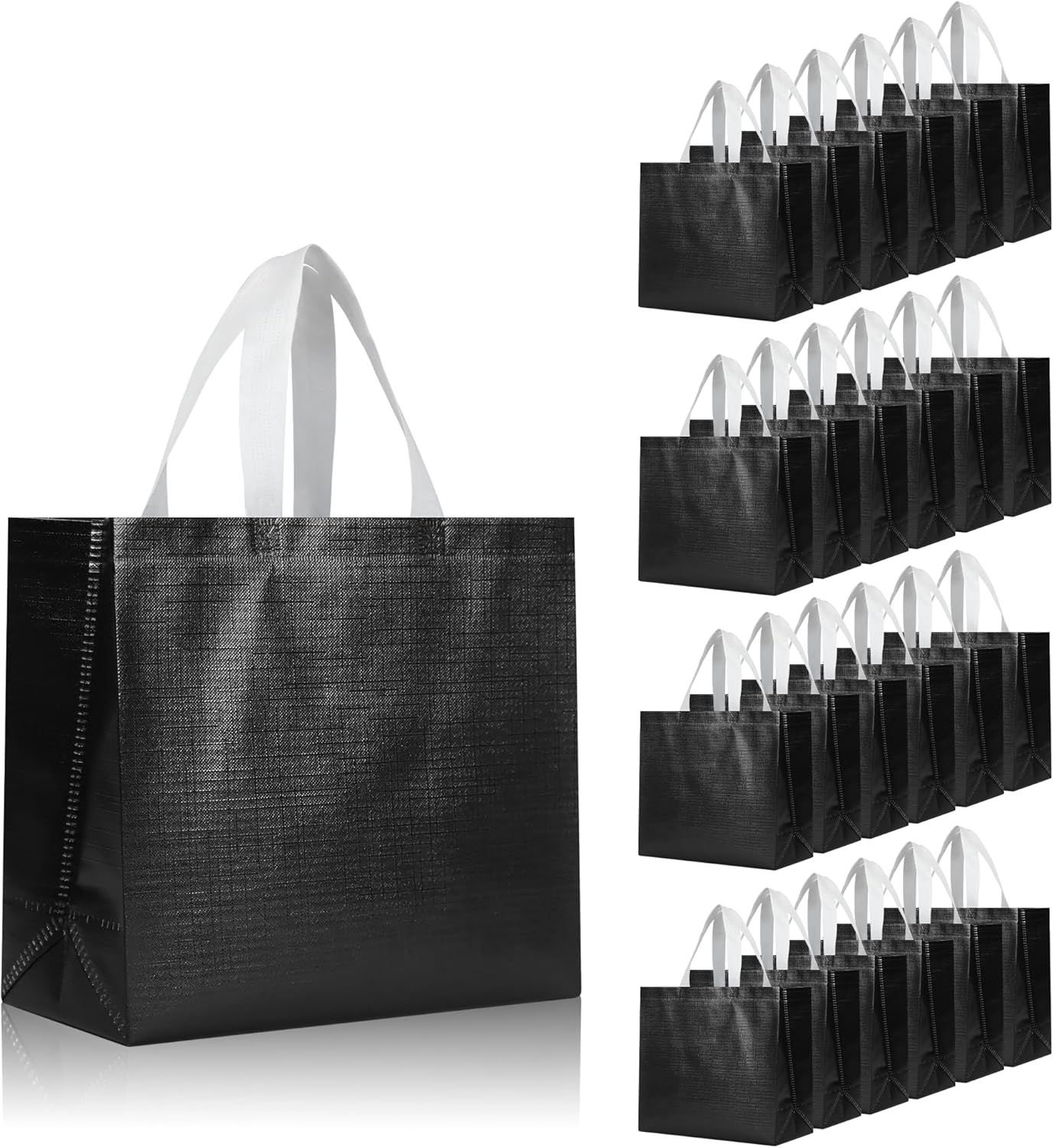 cabzymx Black Reusable Gift Bags with Metallic Design, 25 Pcs Non-woven Gift Bag Bulk with Handles, 12.6x4.7x11 In Glossy Party Bags for Wrapping Gifts, Birthday, Wedding, Parties, Graduation