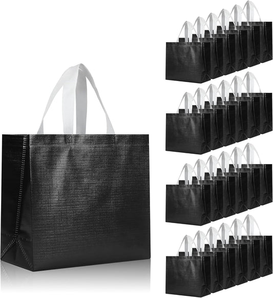 cabzymx Black Reusable Gift Bags with Metallic Design, 25 Pcs Non-woven Gift Bag Bulk with Handles, 12.6x4.7x11 In Glossy Party Bags for Wrapping Gifts, Birthday, Wedding, Parties, Graduation