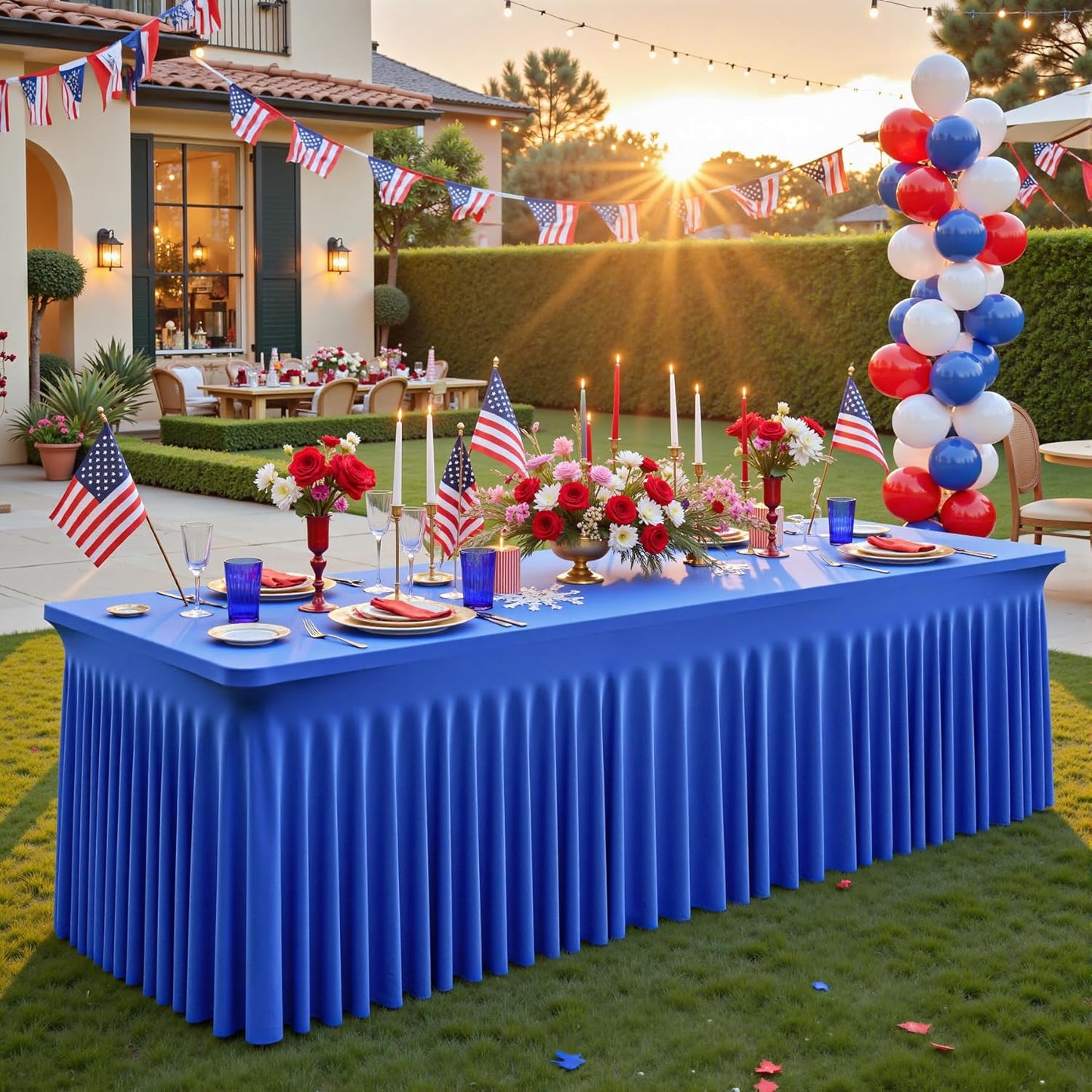 6 Packs Royal Blue Table Clothes for 6 Foot Rectangle Tables, One-Piece Wrinkle Resistant Stretch Spandex Table Covers with Skirt for Event Banquet Wedding Birthday Party