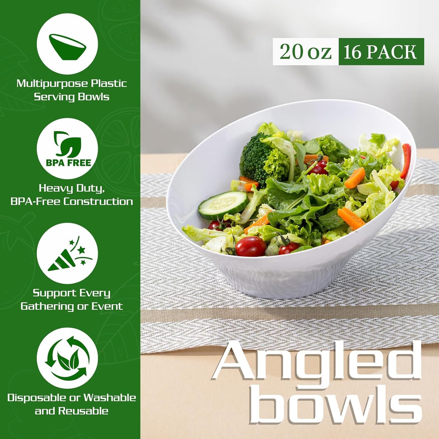 Liacere 16 Pack White Plastic Serving Bowls - 20 OZ Snack Bowl - Disposable Bowl Angled Party Table Salad and Fruit Bowl Small Serving Bowls for Chip&Candy, Ideal for Wedding&Halloween