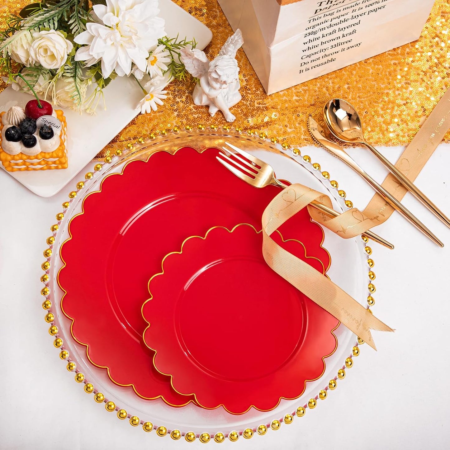 LIYH 60 Pcs Red Scalloped Plastic Christmas Plates with Gold Edge - Red Disposable Plates with Gold Rim Includes 30 Dessert & 30 Dinner Plate Dishes Tableware for Party Christmas Day