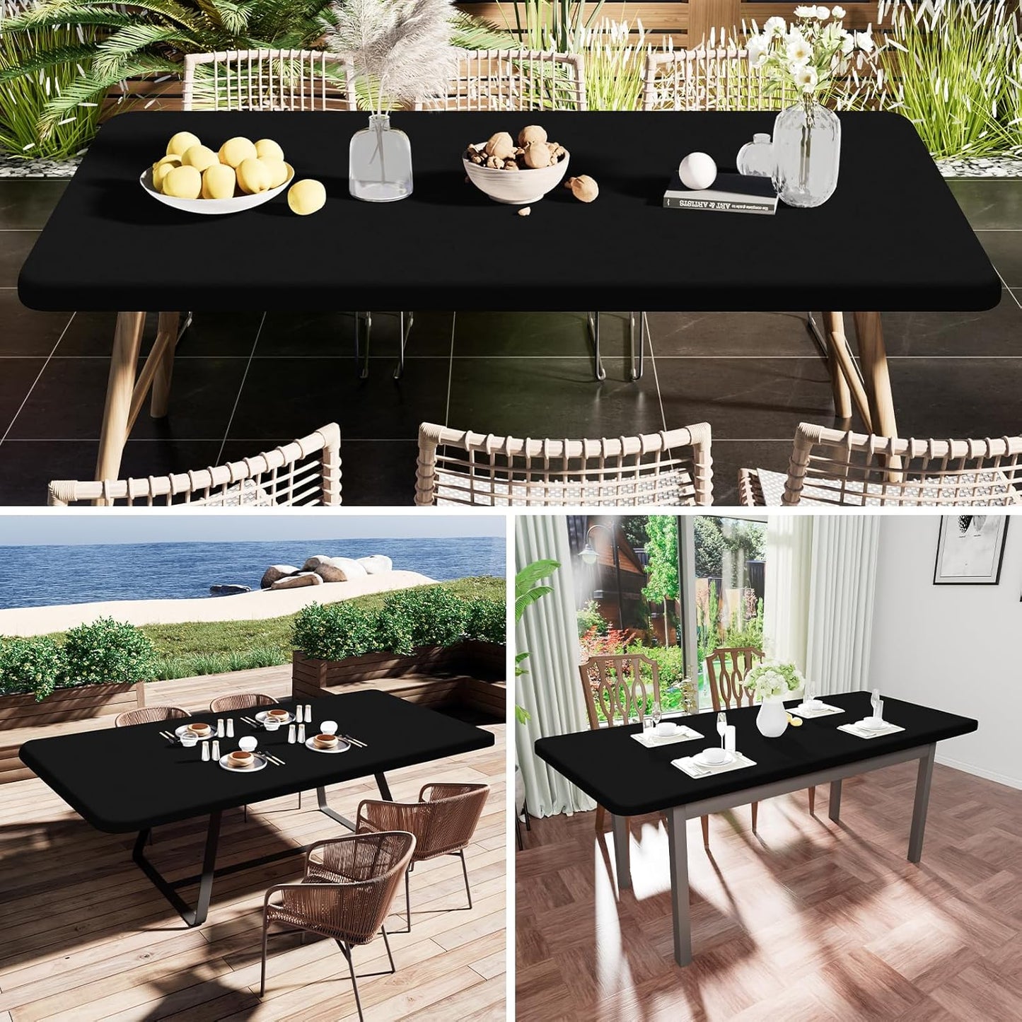 Smiry Rectangle Tablecloth, Elastic Fitted Flannel Backed Vinyl Tablecloths for 4ft Folding Tables, Waterproof Wipeable Table Covers for Indoor, Outdoor, Picnic and Camping (Black, 30"x48")