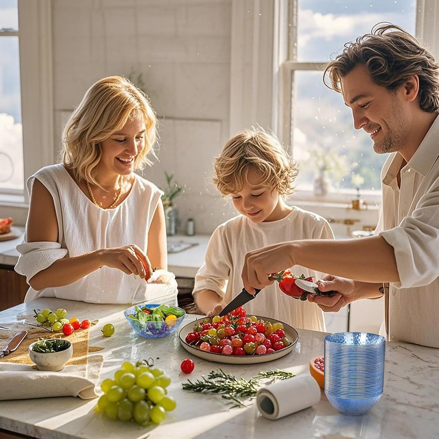 I00000 20 Pack 12 Ounce Blue Plastic Bowls Hammered Gold Rimmed Crystal Like, Heavy duty Disposable Bowl Set,Elegant Soup/Salad/Dessert/Ice Cream Bowls For Thanksgiving Party, Weddings, Catering