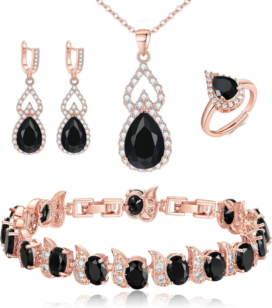 BriLove Wedding Jewelry Set for Women Bride Bridesmaid, Gorgeous Cubic Zirconia Teardrop Necklace Earrings Bracelet Adjustable Ring Jewelry Gift for Birthday/Anniversary/Mother’s Day