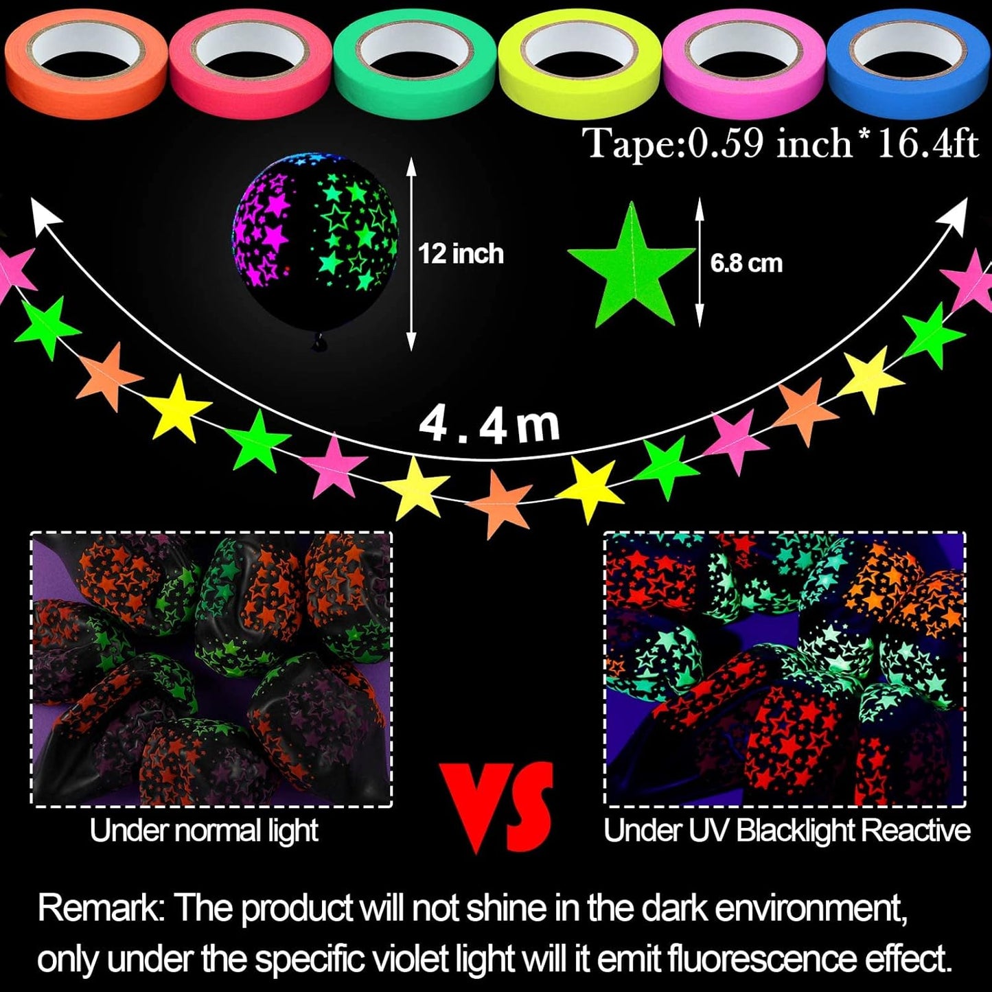 32 Pcs Glow in The Dark Party Supplies Christmas Neon Party Favors with 25 Fluorescent Balloon 6 Rolls 98.4 ft UV Blacklight Luminous Tape 14.4 ft Neon Streamer Garland for Adults(Cute Star)