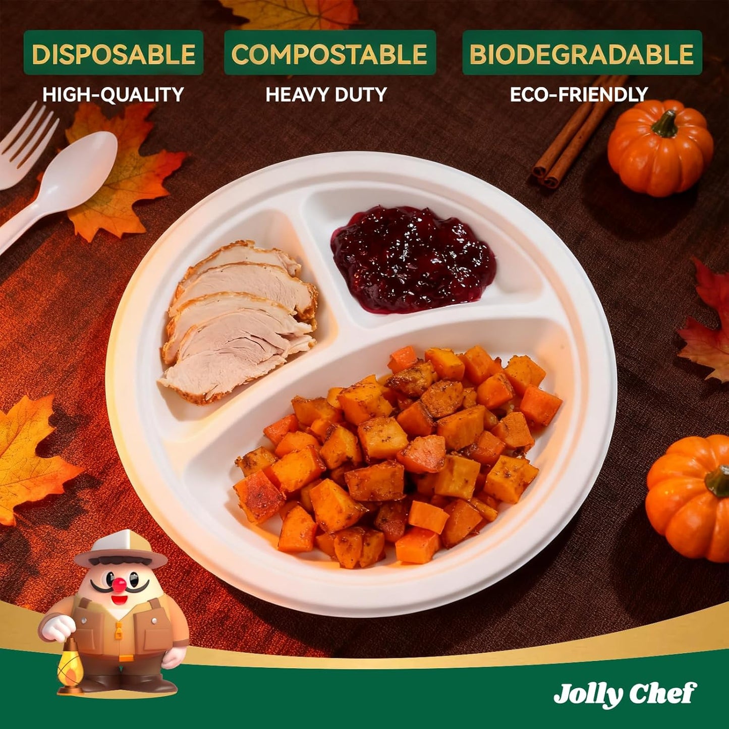 JOLLY CHEF Compostable 𝟯 Compartment Paper Plates 𝟵 𝗜𝗻𝗰𝗵 [𝟭𝟱𝟬 𝗣𝗮𝗰𝗸] Heavy Duty Divided Disposable Eco-Friendly Bagasse Biodegradable White Round Trays for Party Dinner Thanksgiving Day