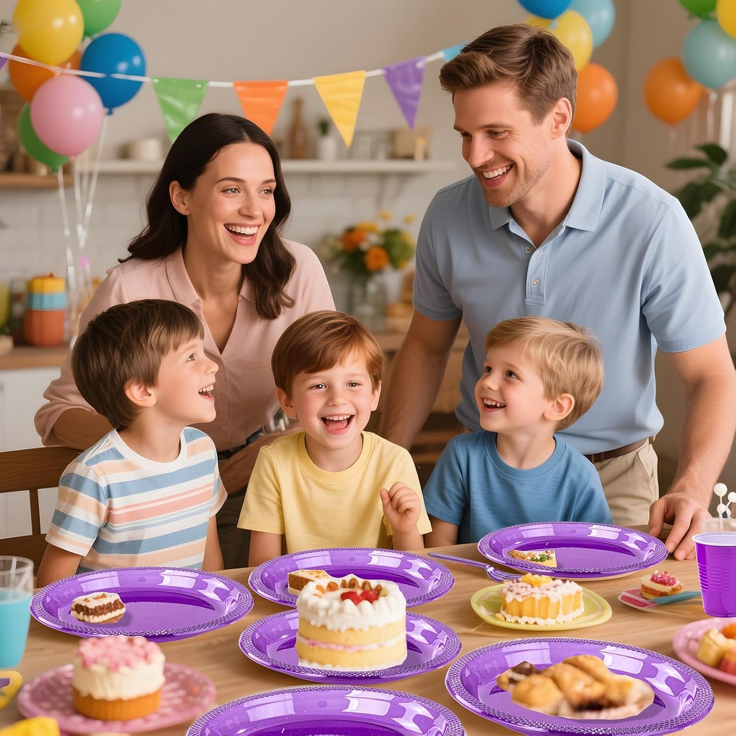 WELLIFE 210Pcs Purple Plastic Plates,Clear Purple Plastic Dinnerware Set,Party Supplies Including Clear Plates, 12OZ Cups, plastic Cutlery and Napkins Serve 30 Guests, Disposable Plates for Party