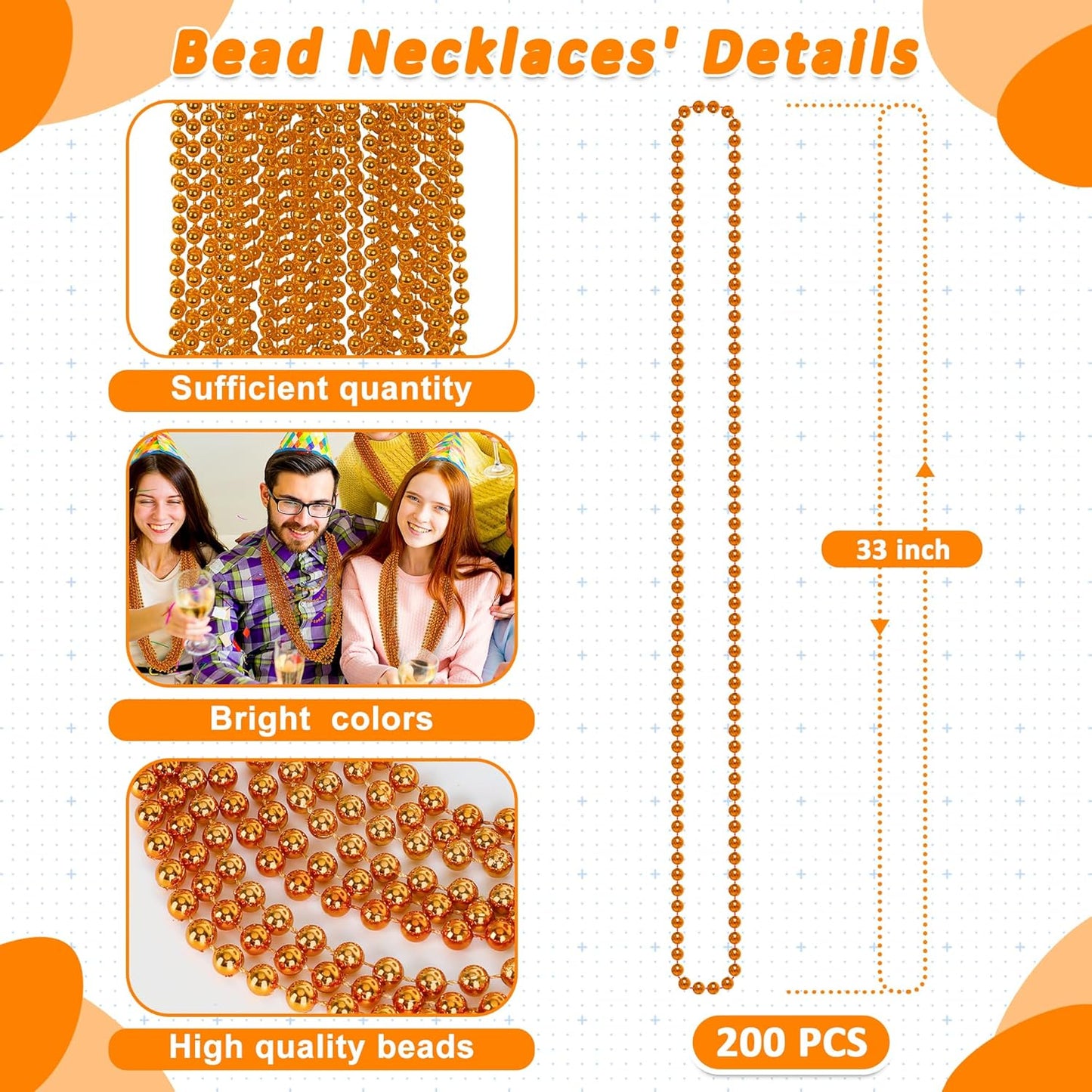 Beaded Necklace, 200 PCS 33" Orange Mardi Gras Beads, Mardi Gras Accessories, Costume Bead Necklace Bulk, Party Parade Beads for Pirate Wedding Birthday Baby Shower Halloween Party Supplies