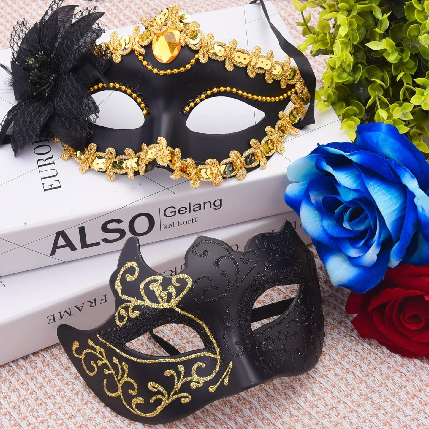 SIQUK Couple Masquerade Masks Set Venetian Party Mask Plastic Halloween Costume Mask Mardi Gras Mask for Women and Men