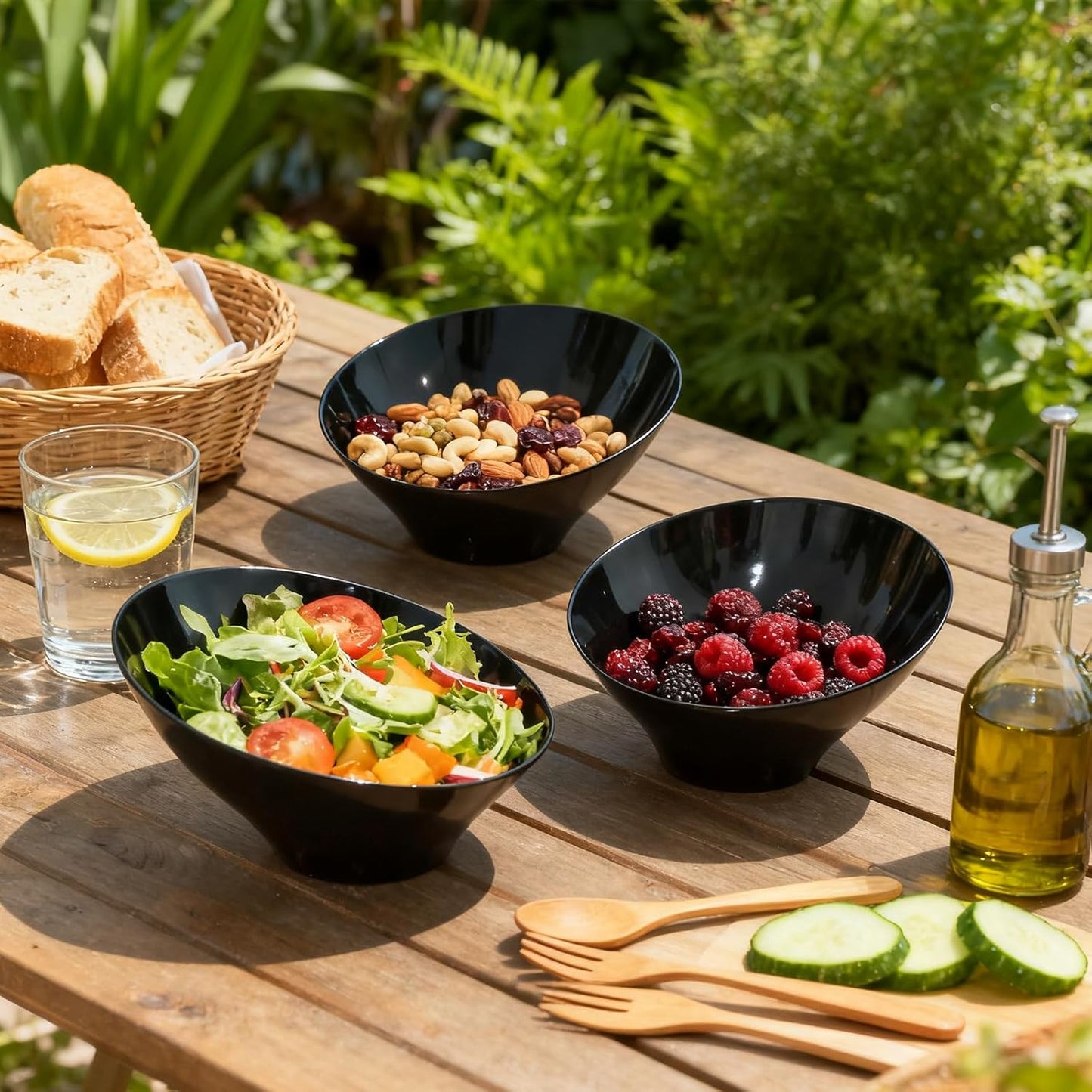 12pack Black Angled Plastic Bowls,20oz Salad Serving Bowls,Plastic Serving Bowl for Wedding, Party, Halloween, Catering