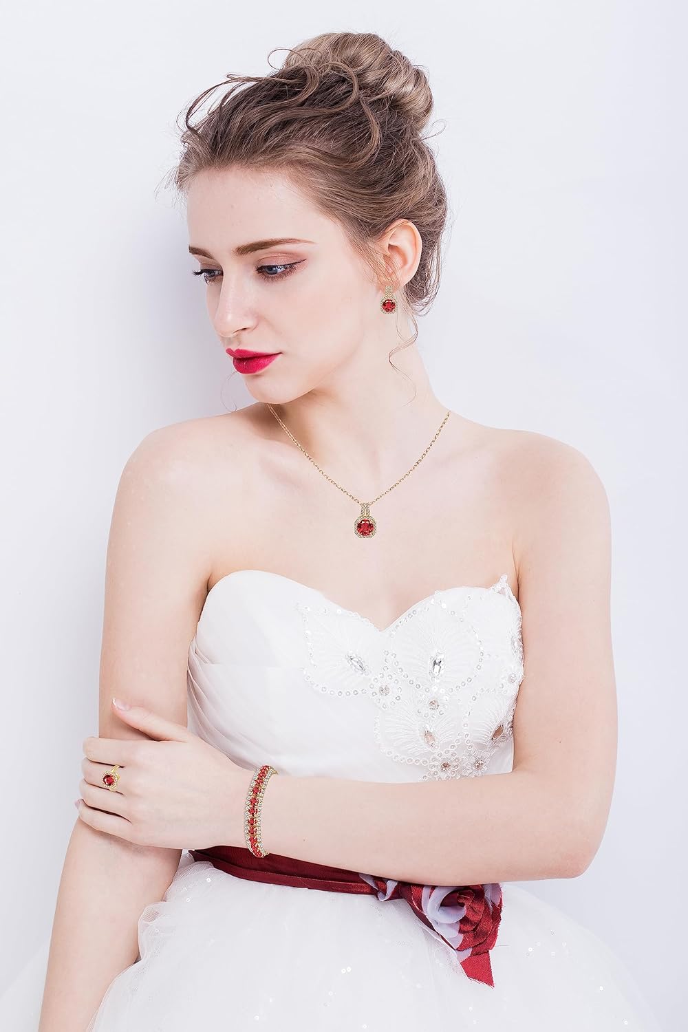 4pcs Cubic Zirconia Wedding Jewelry Sets for Bride Bridesmaid Cubic Zirconia Pendant Necklace Earrings Link Tennis Bracelet Open Ring Set for Women