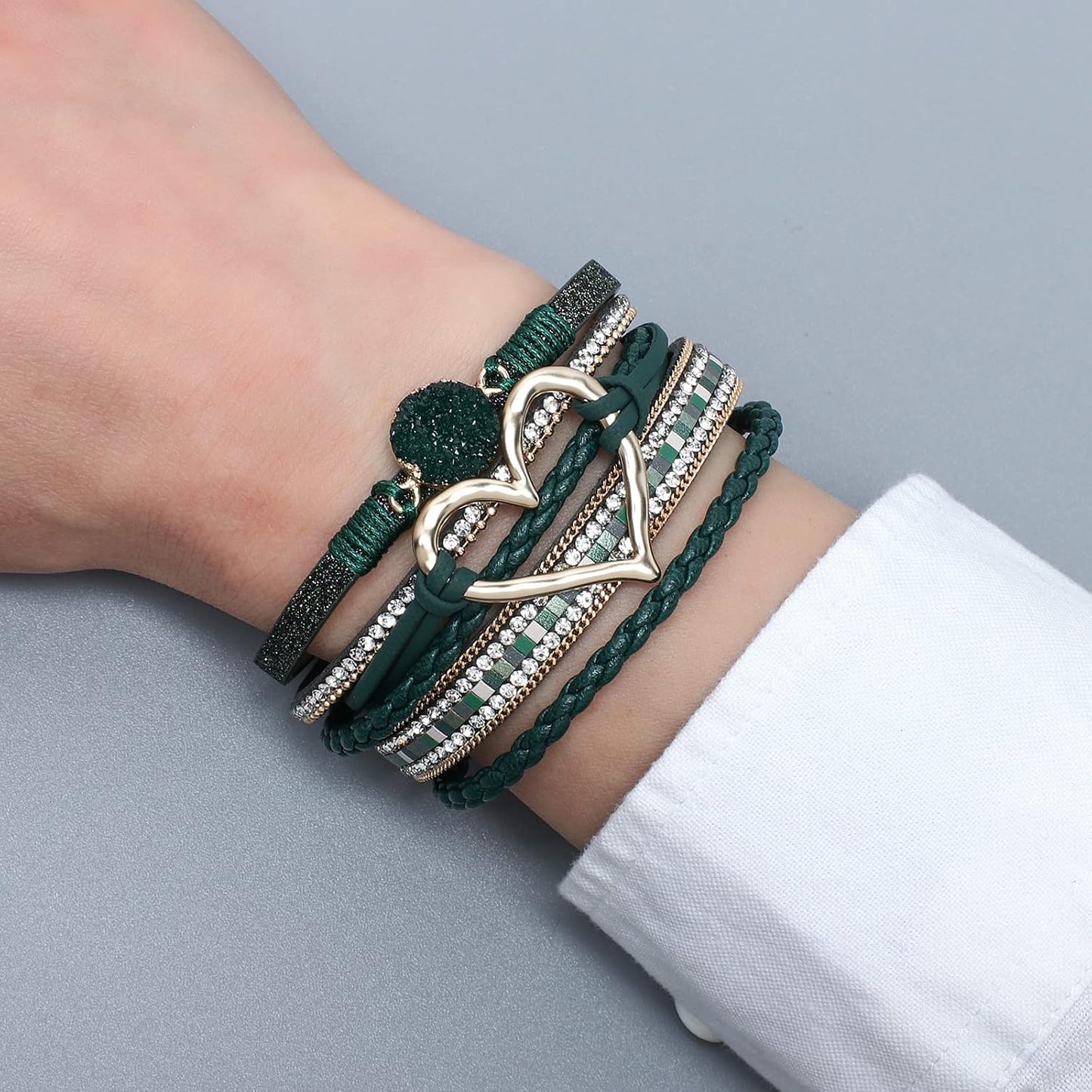 Leather Wrap Bracelet for Women Beaded Cuff Bracelet with Heart-shape Decor Bohemian Crystal Bracelet Jewelry with Clasp Bangle Bracelet for Women Girls Birthday Holiday Gift