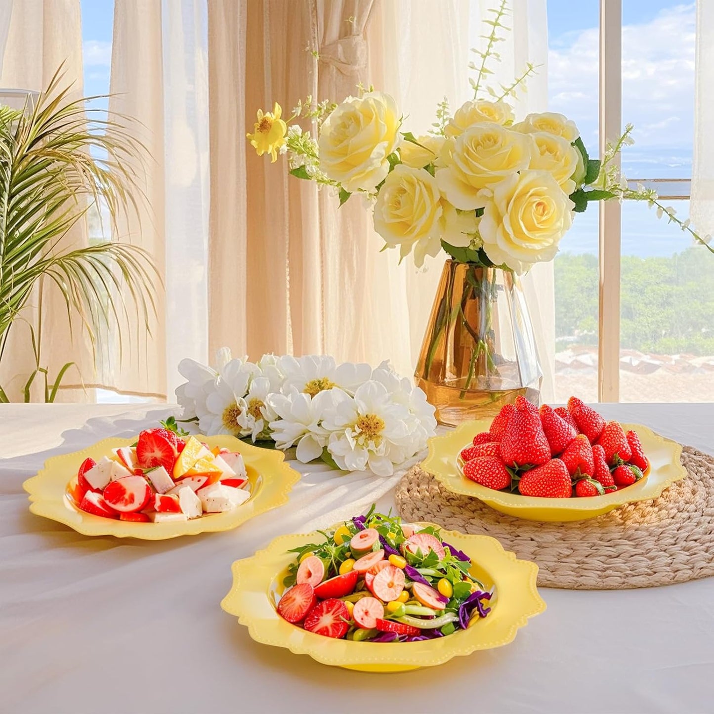 COLOSUS Yellow Plastic Party Bowls (60 Pack) 12 Oz Disposable Soup/Salad Bowl, Fancy Shatterproof Dinnerware for Easter, Catering, Holidays, Weddings, and Everyday Use