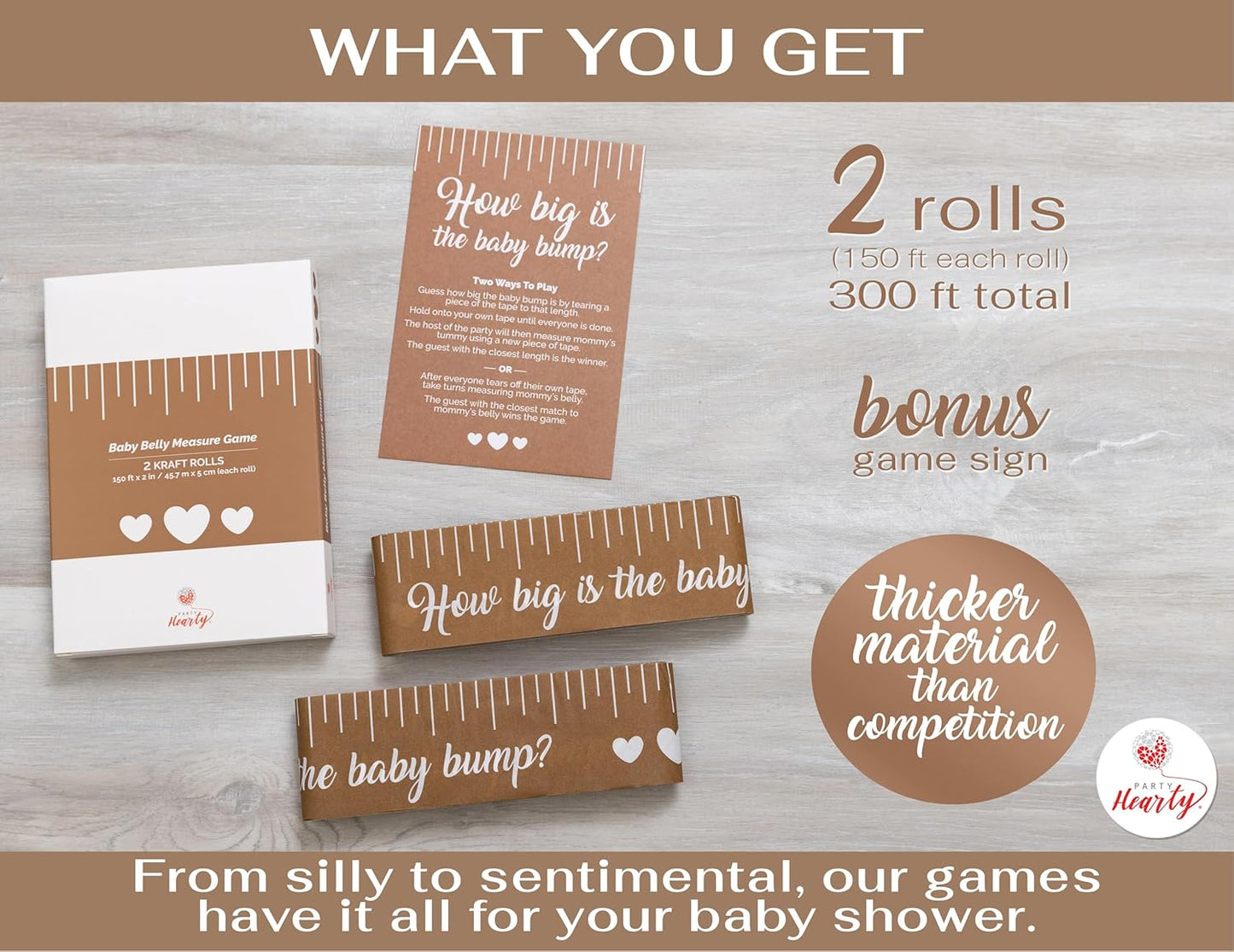 Party Hearty Funny Baby Shower Games for Girl or Boy Activities, 2 Rolls, 2 inches x 150 feet, Kraft Tummy Measure, Fun & Easy Idea