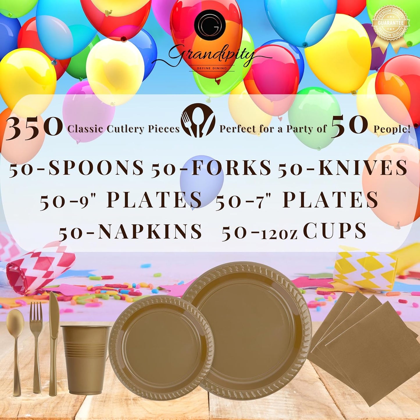 Grandipity 350 Piece Gold Disposable Dinnerware Set, Includes 50 of Each: 9" Dinner Plates, 7" Dessert Plates, 12oz Cups, Paper Napkins, Forks, Knives & Spoons