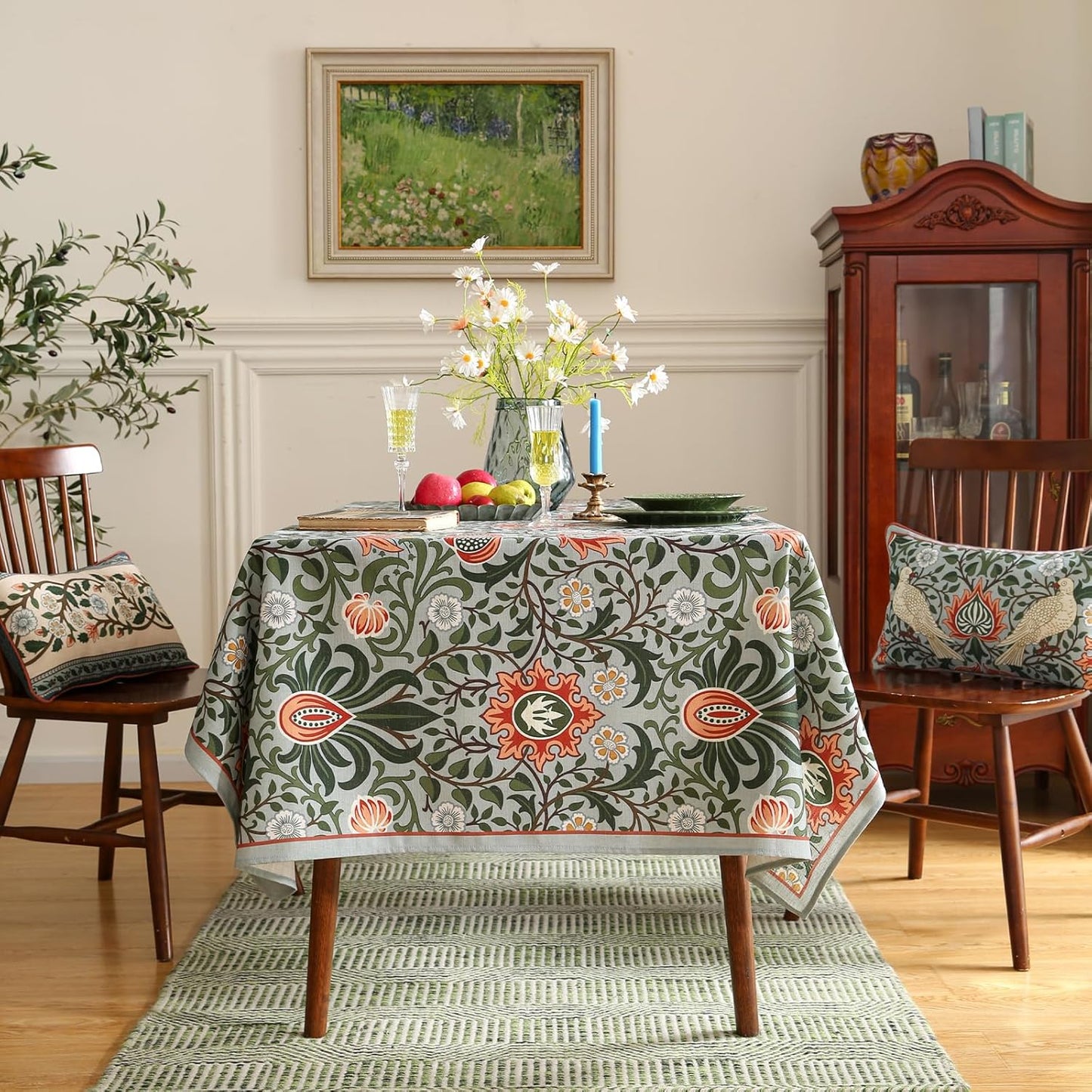 ISAENNE Designer Bohemian Linen Green Extra Long Rectangle Tablecloth,Floral Indoor Table Cloth,Stain Resistant Decor Tablecloths for Dining Thanksgiving Kitchen Party Christmas,63"*110"-Naples