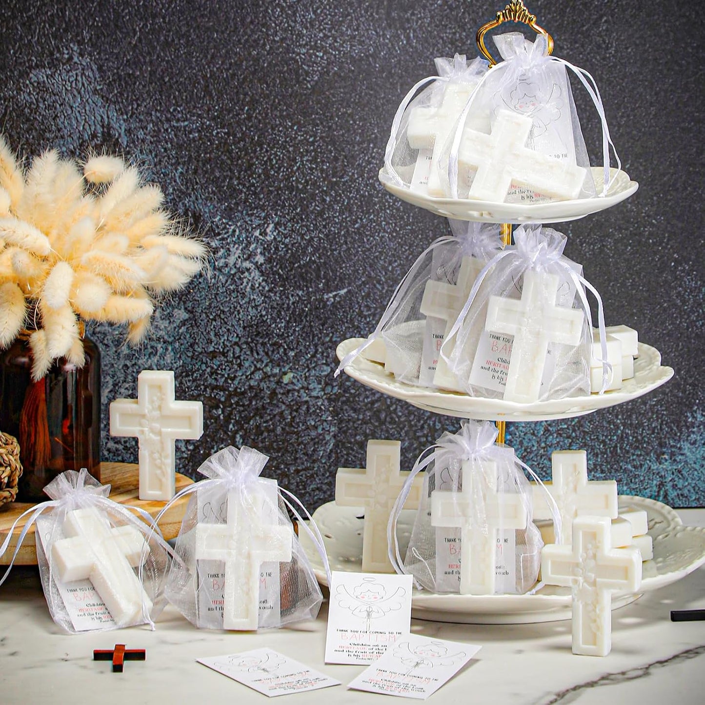 20 Pack Baptism Favors for Guests Cross Soap Baby Shower Scented Soap Favors with Greeting Cards Organza Bag Christening Communion Baptism Party Gift for Guests Party Gender Reveal