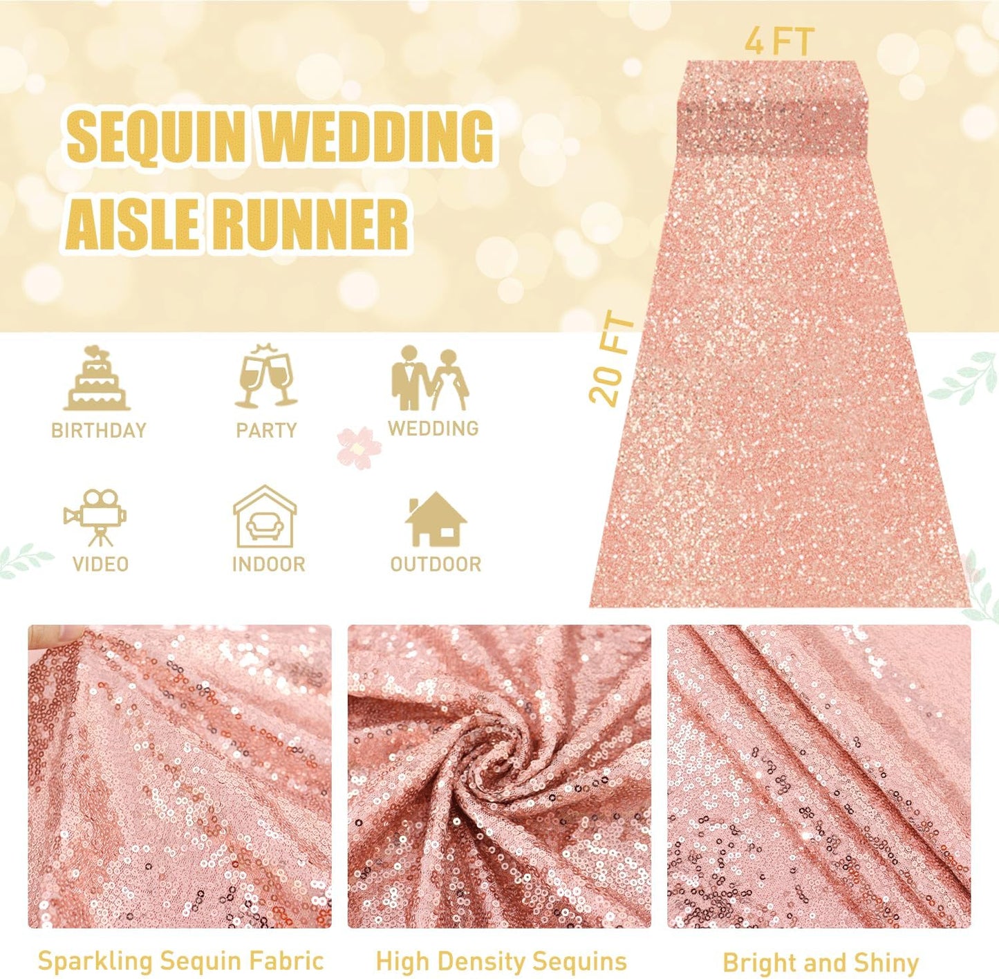 FUHSY Rose Gold Aisle Runner 4ft x 20ft Sequin Aisle Runner Wedding Carpet Aisle Runners Glitter Church Aisle Carpet Walkway Runner Aisle Decoration Sparkly Sequins Runway Rug for Party Outdoor Indoor