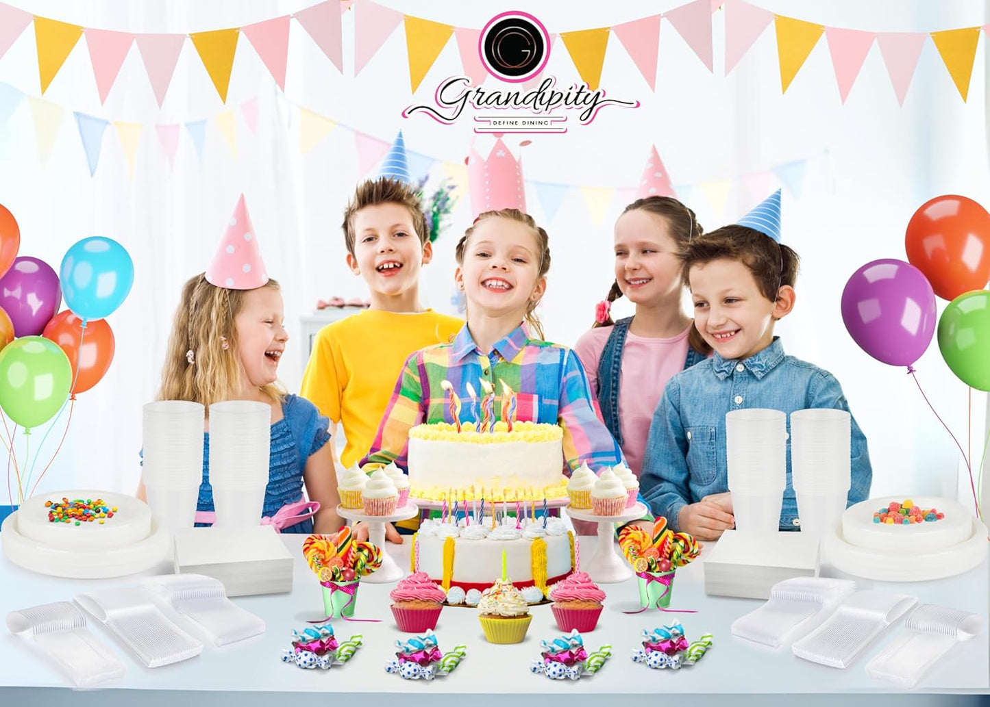 350 Piece Frost & Clear Disposable Dinnerware Set 50 Guests, Plastic Party Plates And Cups And Napkins Sets - 50 Count 9" Dinner Plates, 7" Dessert Plates, 12oz Cups, Paper Napkins,Forks-Knives-Spoons