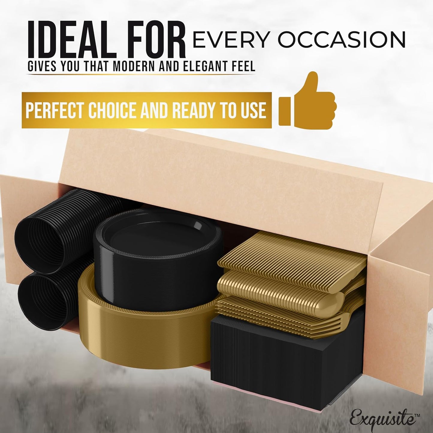 350 Pcs Black & Gold Plastic Plates For Party, Black & Gold Disposable Plates Set, 50 Of Each 9" Dinner Plate Set, 7" Dessert Plate, Cups, Napkins & Cutlery Plastic Dinnerware Exquisite