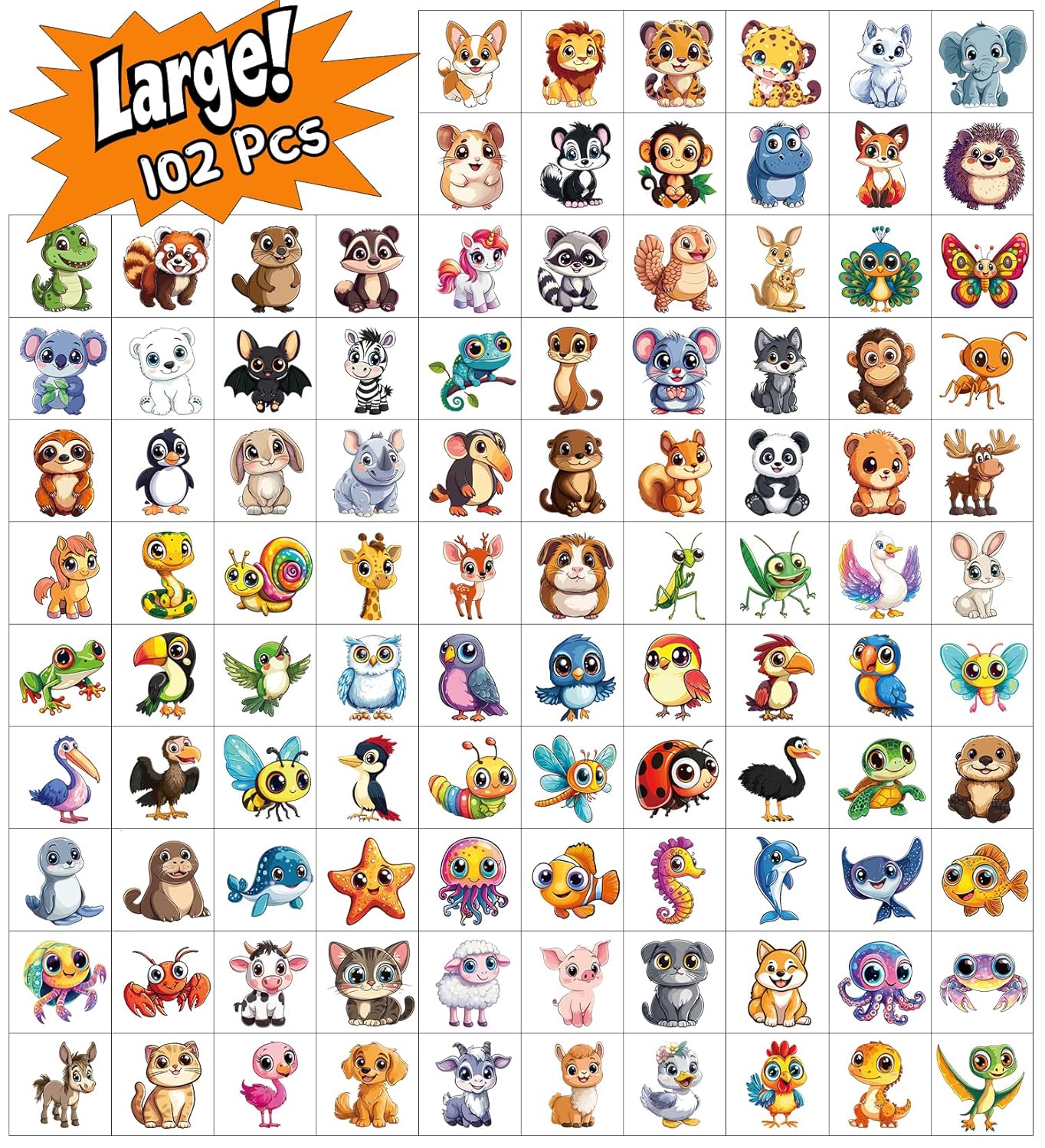 JCFIRE Larger Temporary Tattoos For Kids, 102 Styles Mixed Cute Animals Stickers Birthday Party Favors for Kids 3-5 4-8, Goodie Bag Stuffers Party Supplies Decoration Gifts Activities Games Christmas