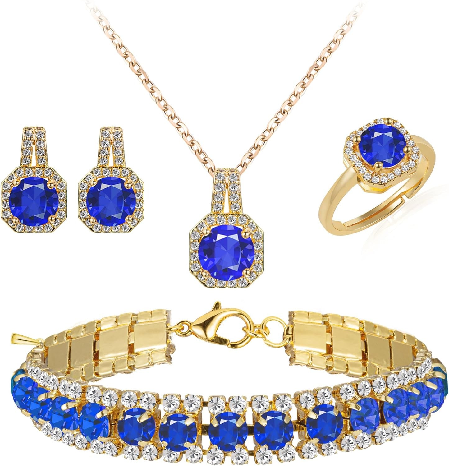 4pcs Cubic Zirconia Wedding Jewelry Sets for Bride Bridesmaid Cubic Zirconia Pendant Necklace Earrings Link Tennis Bracelet Open Ring Set for Women