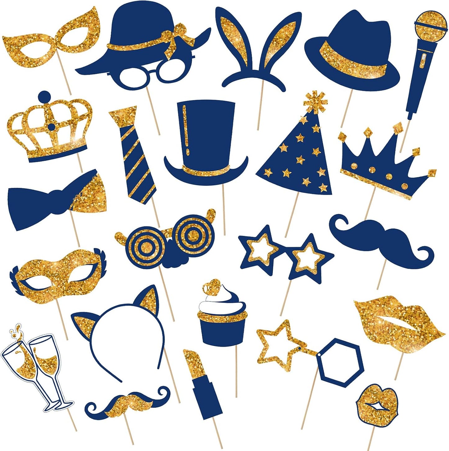 Zonon 24 Pieces Funny Photo Booth Props:Halloween,Christmas,Family Reunion, Class Reunion, Birthday, Weddings, Prom Disco Mardi Gras Party Supplies - Mix of Hats, Lipstick, Tie(Gold and Navy Blue)
