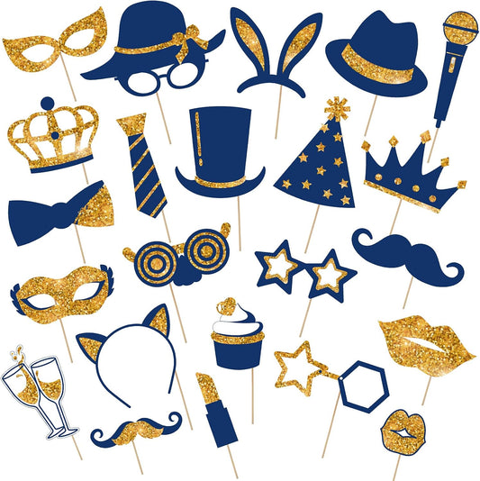 Zonon 24 Pieces Funny Photo Booth Props:Halloween,Christmas,Family Reunion, Class Reunion, Birthday, Weddings, Prom Disco Mardi Gras Party Supplies - Mix of Hats, Lipstick, Tie(Gold and Navy Blue)