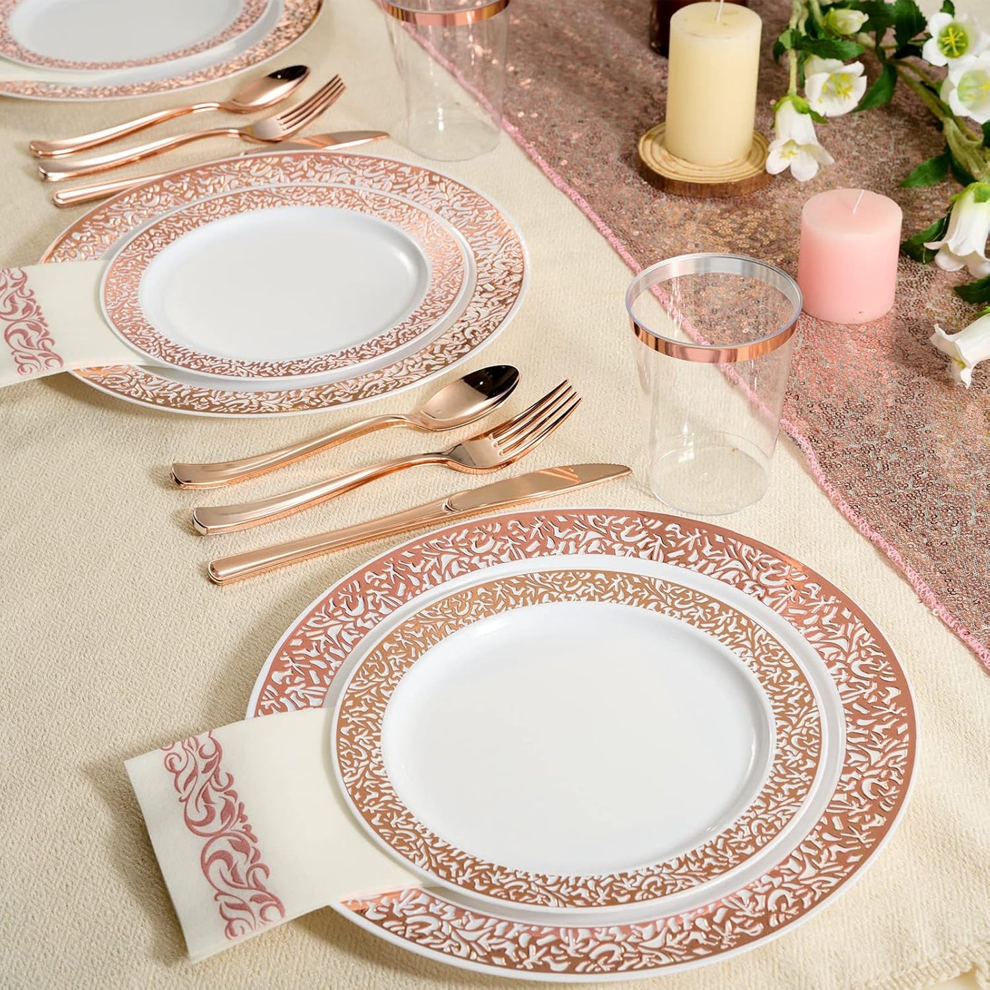 FOCUSLINE 175 Ct Rose Gold Dinnerware Set for 25 Guests, Plastic Plates with Rose Gold Lace Rim Design, Including 25 Disposable Dinner & Dessert Plates, Cups, Napkins, Cutlery Set