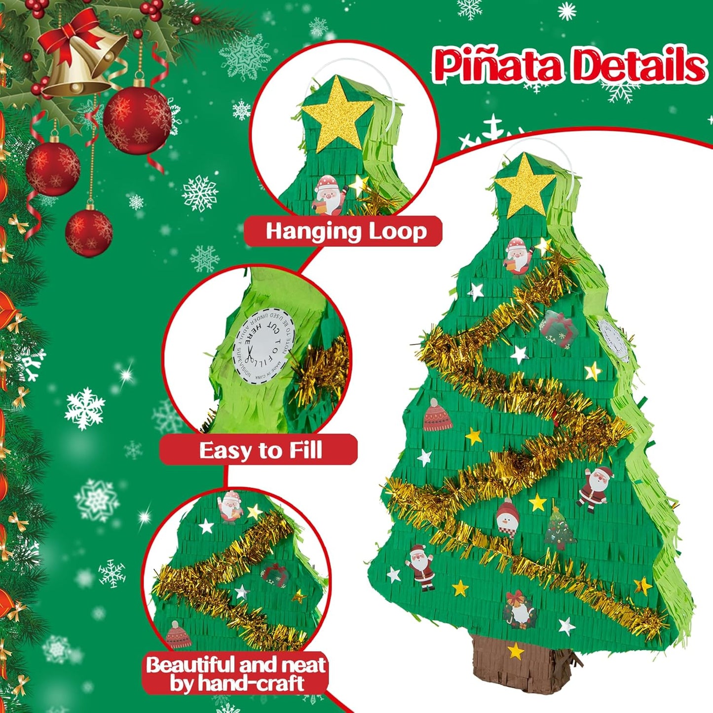 PCFING 21.6 Inch Christmas Tree Piñata with 30 Inch Piñata Stick Blindfold Confetti for Boy Girl Adults Xmas Party Game Decorations