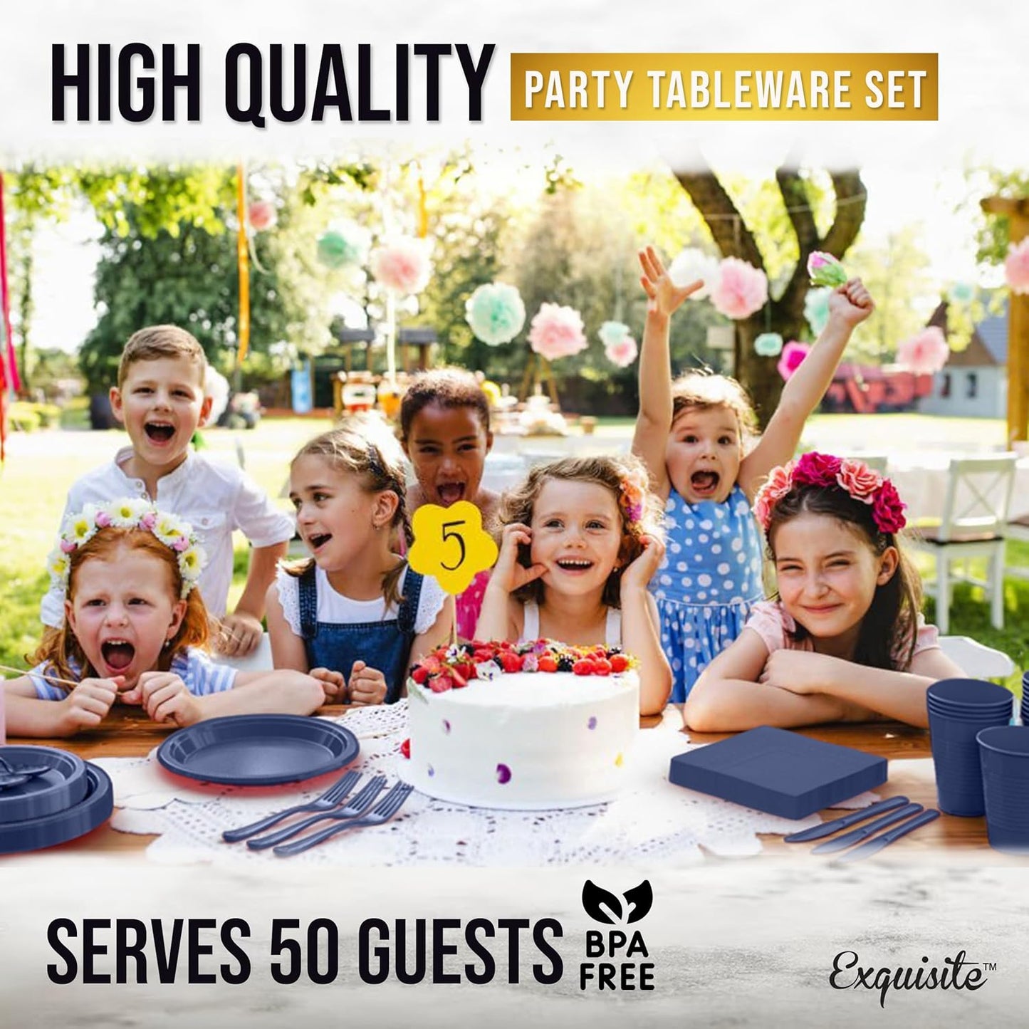 350 Pcs Navy Plastic Plates For Party, Navy Disposable Plates Set, 50 Of Each 9" Dinner Plate Set, 7" Dessert Plate, Cups, Napkins & Cutlery Plastic Dinnerware Exquisite