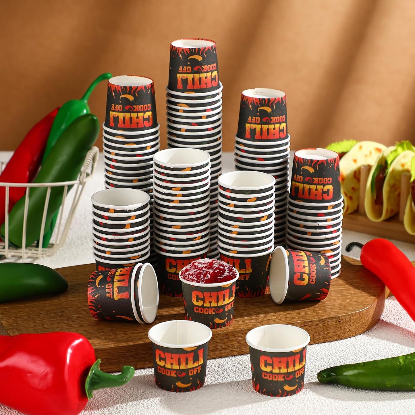 300 Pcs 2 oz Chili Cook off Decorations Mini Chili Cook off Cups Disposable Food Sample Cups Small Tasting Paper Bowls for Mexican Back to School Party Supplies
