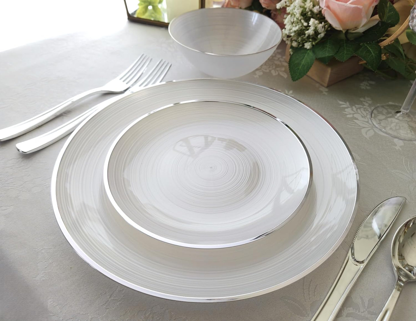 " OCCASIONS " 50 Plates Pack (25 Guests)-Wedding Party Disposable Plastic Plate Set -25 x 10'' Dinner + 25 x 7'' Salad & Dessert plates (Belize in White Pearl & Silver)