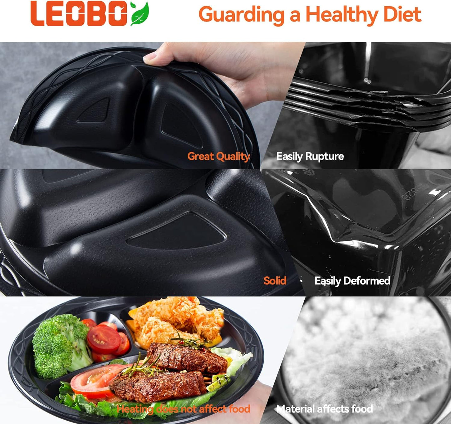 Plastic Plates Mineral Filled PP 9" - 150 Pack Shrink Wrap BPA Free Dinner Tray | Dishwasher & Microwave Safe | 3 Compartment Heavy Duty Black Reusable & Disposable Plate for Party Catering